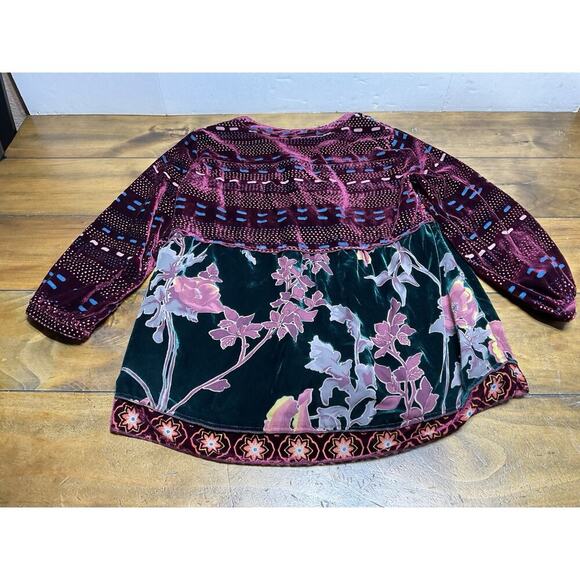 John Mark Top Womens Small Red Black Velvet Embroidered Sheer Popover Lined - Picture 11 of 11